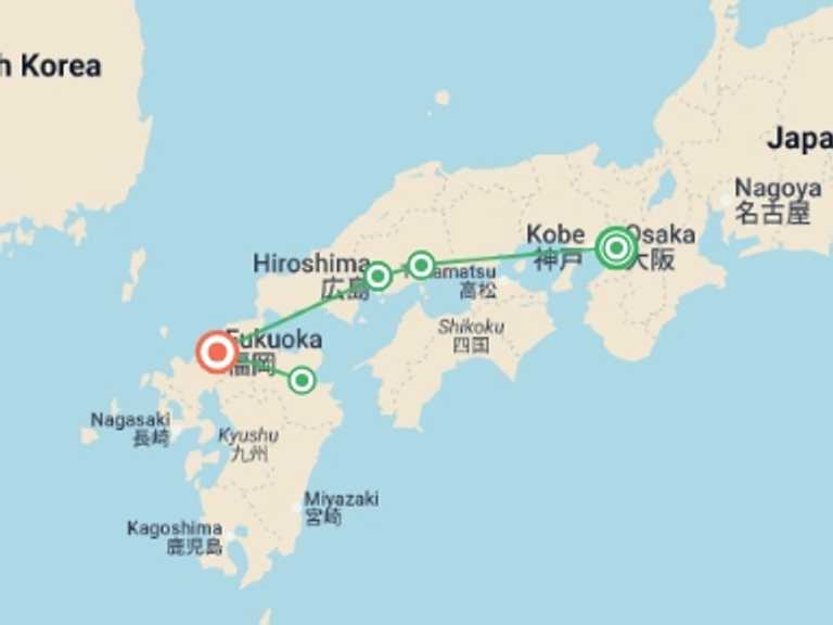 Map of Asia Tour with 5 destination visits for the trip: Western Japan Coastal & Kyushu Discovery Tour