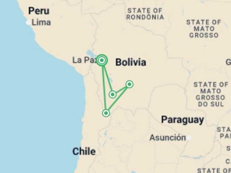 Map itinerary of Uyuni Tour in April 2026 with 4 destination visits for the trip: Uyuni Salt Flats & Desert Adventure 5D/4N (La Paz to La Paz)