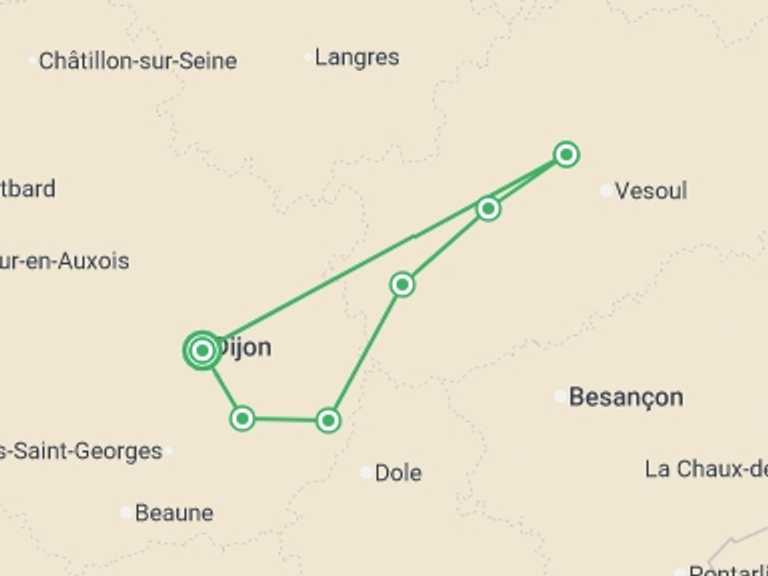 Map itinerary of Dijon Tour in October 2025 with 7 destination visits for the trip: The Petite Saône & The Burgundy Canal (port-to-port cruise)