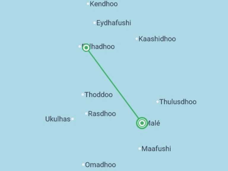 Map itinerary of Asia Tour in July 2026 with 2 destination visits for the trip: Secluded Goidhoo From Male - 5 days