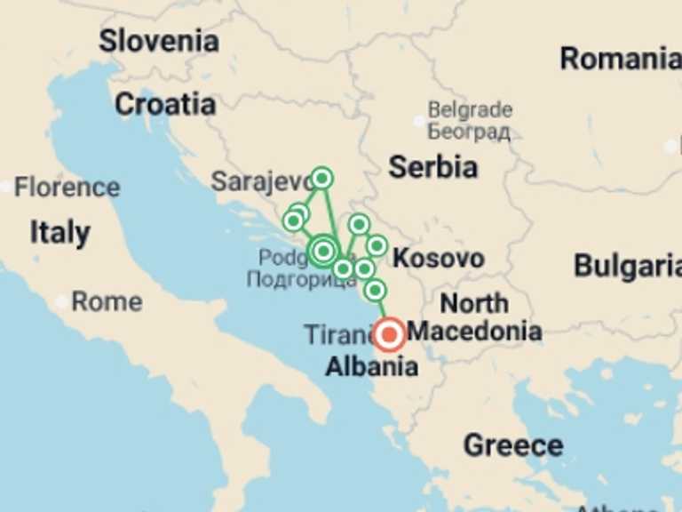 Map itinerary of Europe Tour in September 2027 with 10 destination visits for the trip: Classic Balkans: Trebinje to Tirana