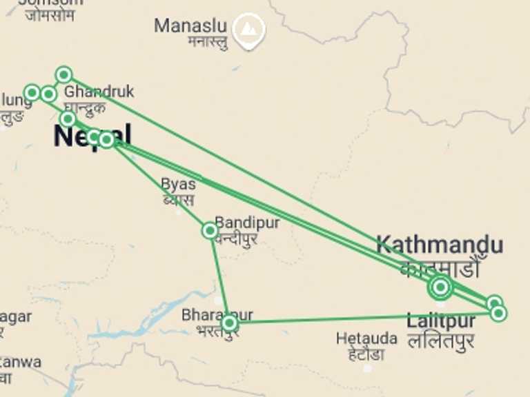 Map itinerary of Nepal Tour in Winter with 12 destination visits for the trip: Ultimate Nepal Family Vacation