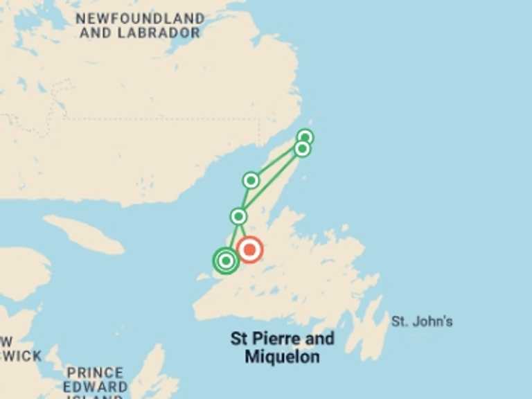 Map itinerary of North America Tour in June 2026 with 7 destination visits for the trip: Newfoundland Viking Trail From Corner Brook - 7 days