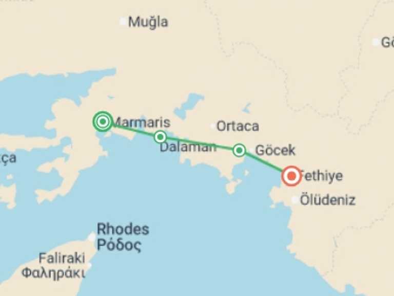 Map itinerary of Europe Tour in Fall with 4 destination visits for the trip: Gocek Discovery - Marmaris to Fethiye