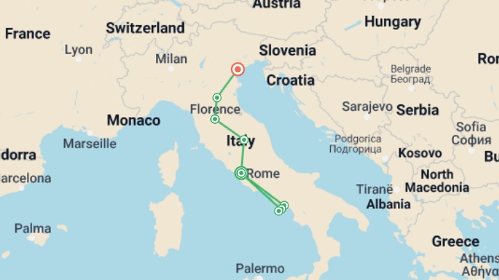 A map showing the tour itinerary for the trip: Mamma Mia! Best Of Italy, starting in Rome, Italy and ending in Venice, Italy going through 2 other destinations.