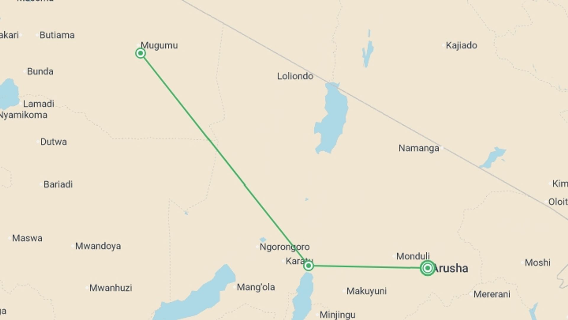 A map showing the tour itinerary for the trip: Tanzania: Serengeti and Safari, starting in Arusha, Tanzania and ending in Arusha, Tanzania going through 1 other destinations.