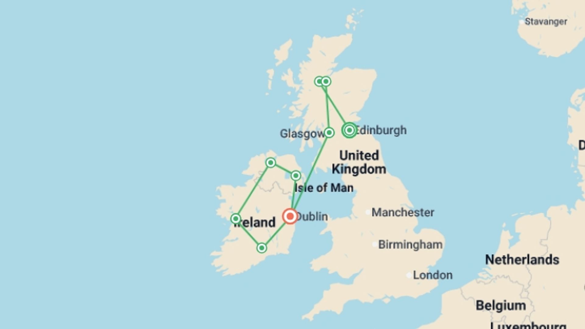 A map showing the tour itinerary for the trip: Scotland and Ireland Reunion 35 to 45, starting in Edinburgh, Scotland and ending in Dublin, Ireland going through 6 other destinations.