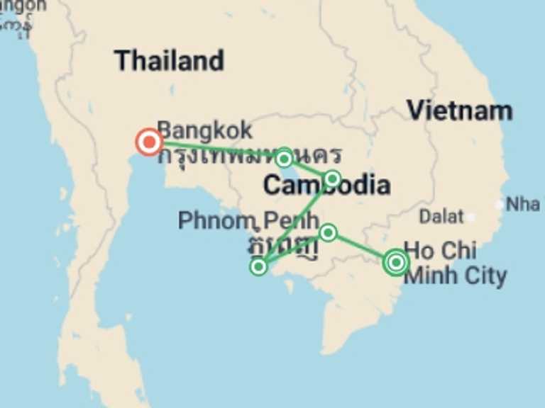 Map itinerary of Asia Tour in July 2026 with 7 destination visits for the trip: Real Cambodia