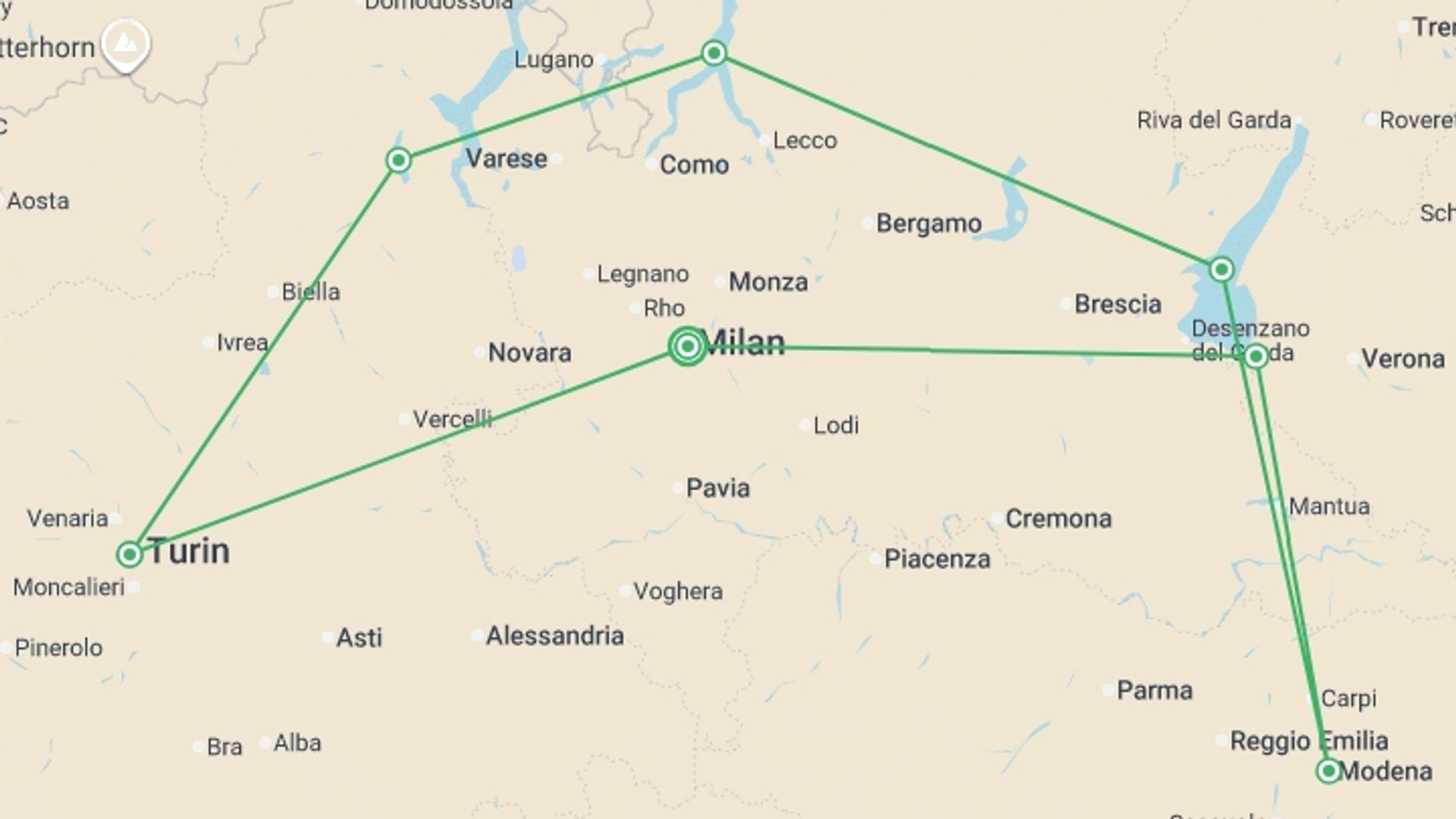 A map showing the tour itinerary for the trip: Northern Italian Lakes & Countryside, starting in Milan, Italy and ending in Milan, Italy going through 6 other destinations.