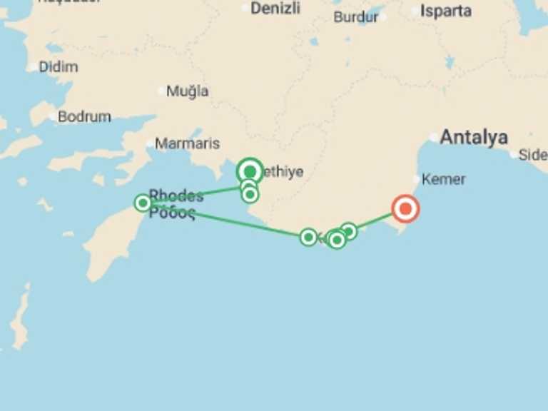 Map itinerary of Turkey Tour in September 2025 with 7 destination visits for the trip: Fethiye to Olympos Sailing Adventure - 4 days