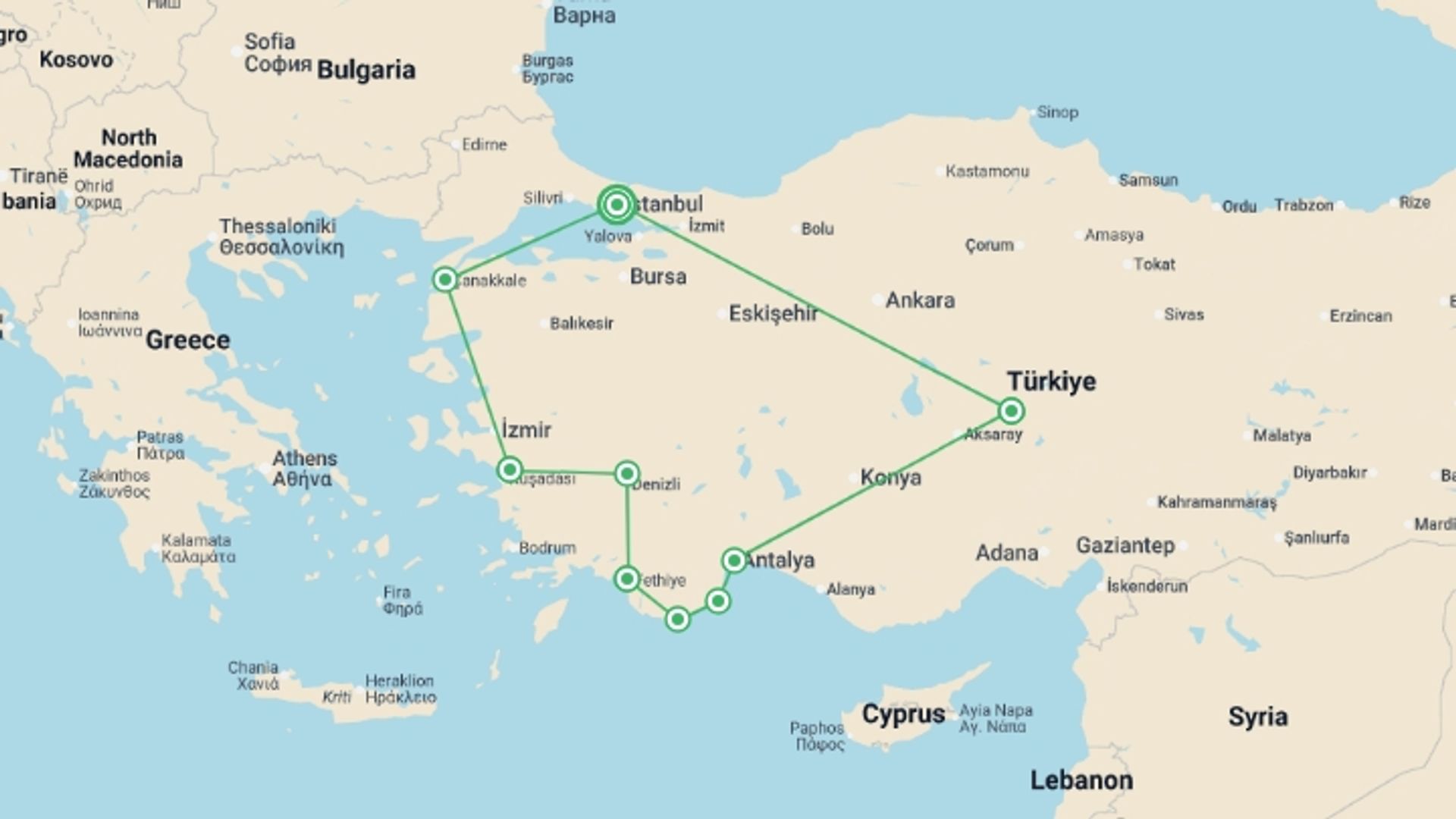 A map showing the tour itinerary for the trip: Turkey: Coastlines & Cappadocia, starting in Istanbul, Turkey and ending in Istanbul, Turkey going through 8 other destinations.