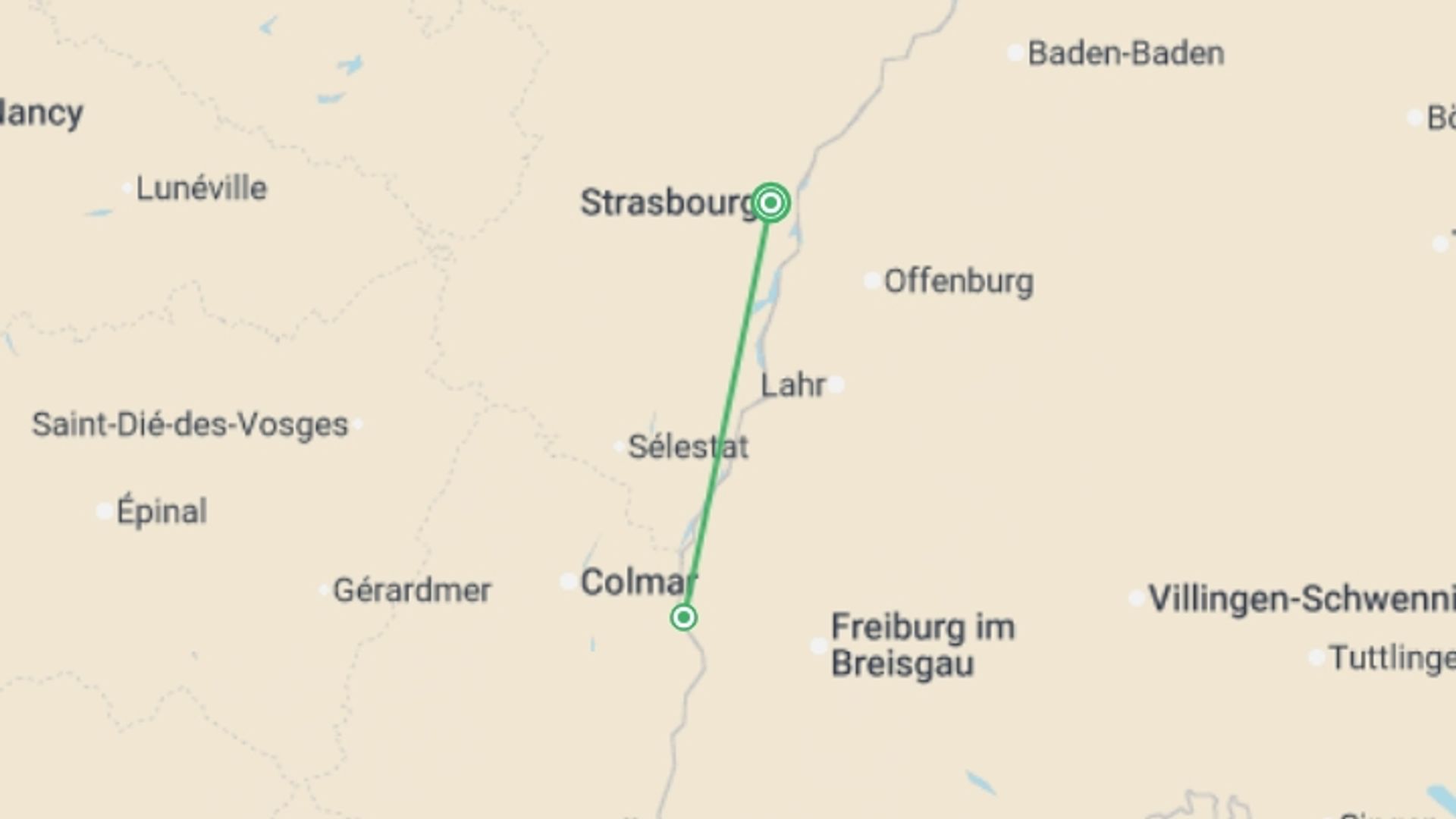 A map showing the tour itinerary for the trip: Autumn Splendor on the Rhine: Cruise & Hikes through the Rhineland (port-to-port cruise), starting in Strasbourg, France and ending in Strasbourg, France going through 1 other destinations.