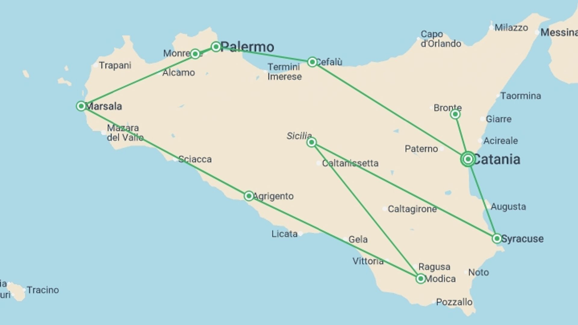 A map showing the tour itinerary for the trip: Splendours of Sicily, starting in Catania, Italy and ending in Catania, Italy going through 4 other destinations.