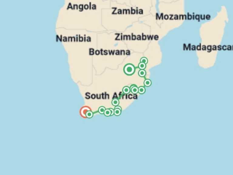 Map of Cape Town Tour with 16 destination visits for the trip: 20-day South Africa, Lesotho  Eswatini Explorer Camping