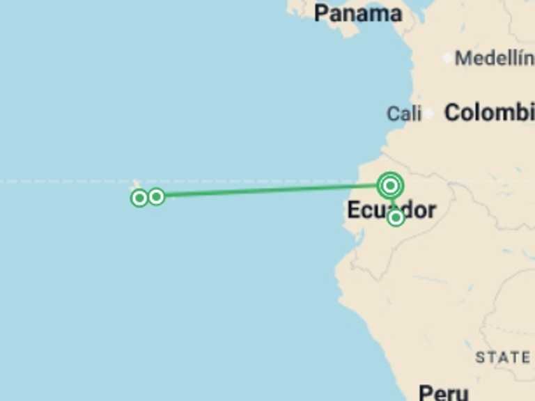 Map itinerary of South America Tour in July 2026 with 4 destination visits for the trip: Wild Galapagos & Amazon - 10 days