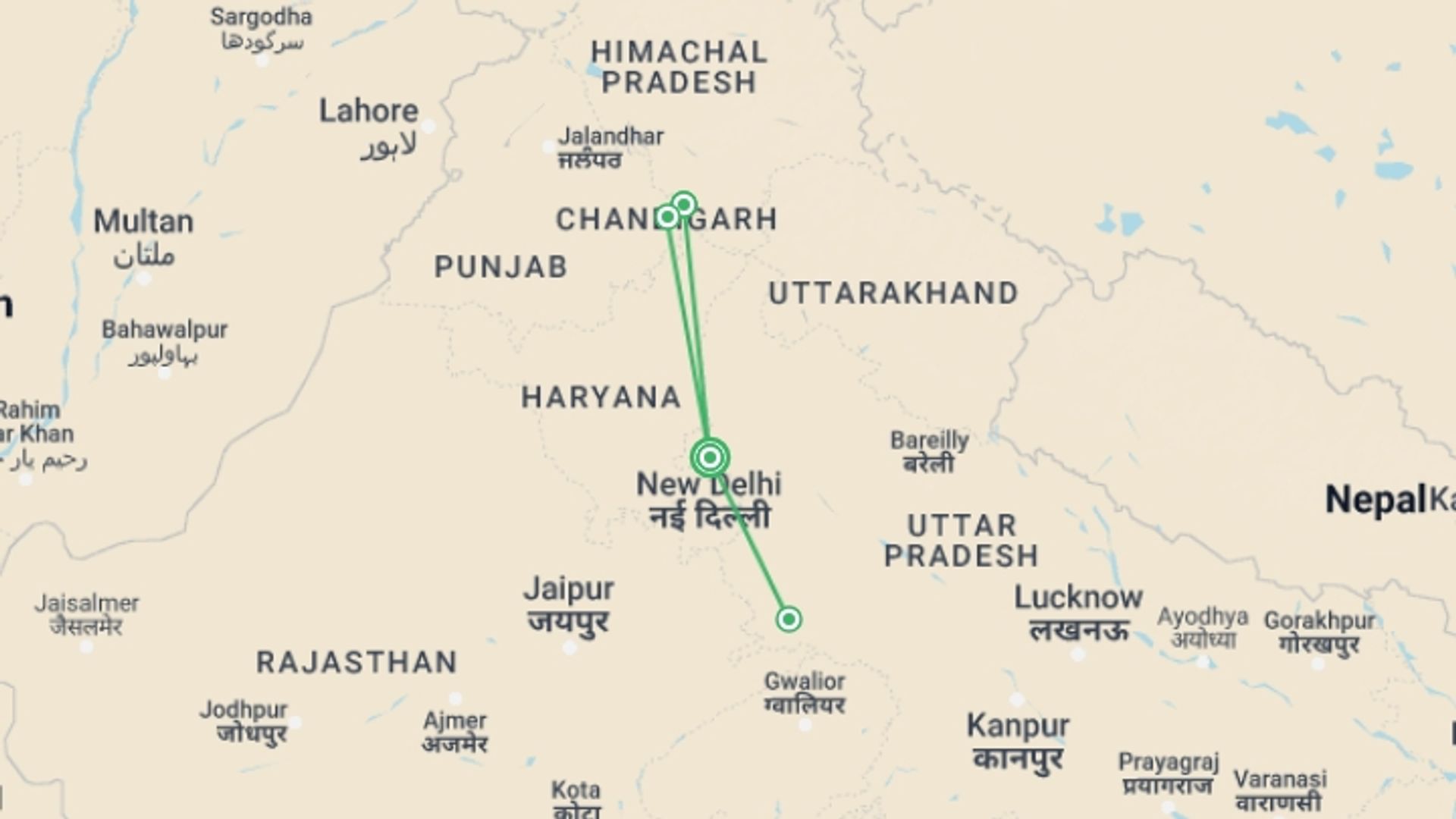 A map showing the tour itinerary for the trip: Wellness Retreat India Luxury Tour Packages, starting in New Delhi, India and ending in Parwanoo, India going through 1 other destinations.