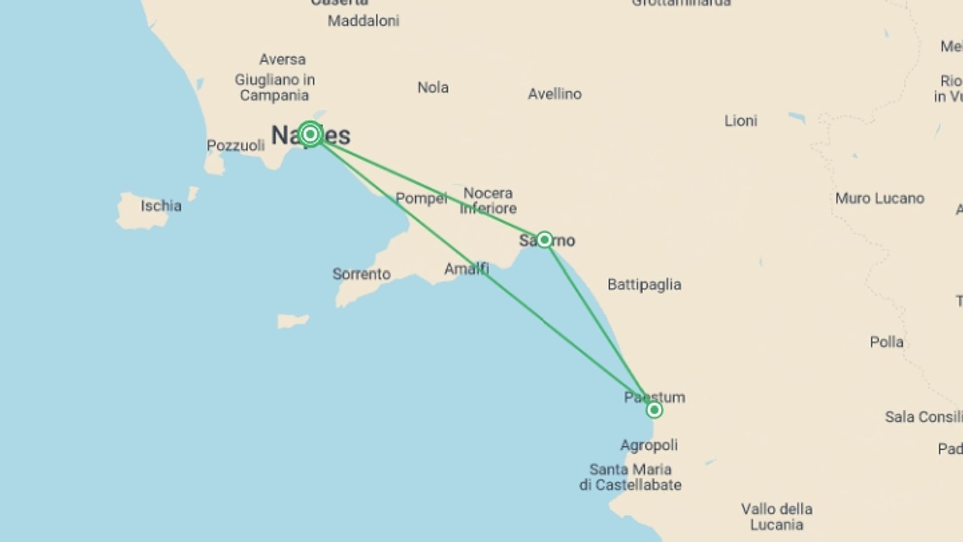 A map showing the tour itinerary for the trip: Mini Tour of Campania - Coastal Gems, starting in Naples, Italy and ending in Naples, Italy going through 3 other destinations.