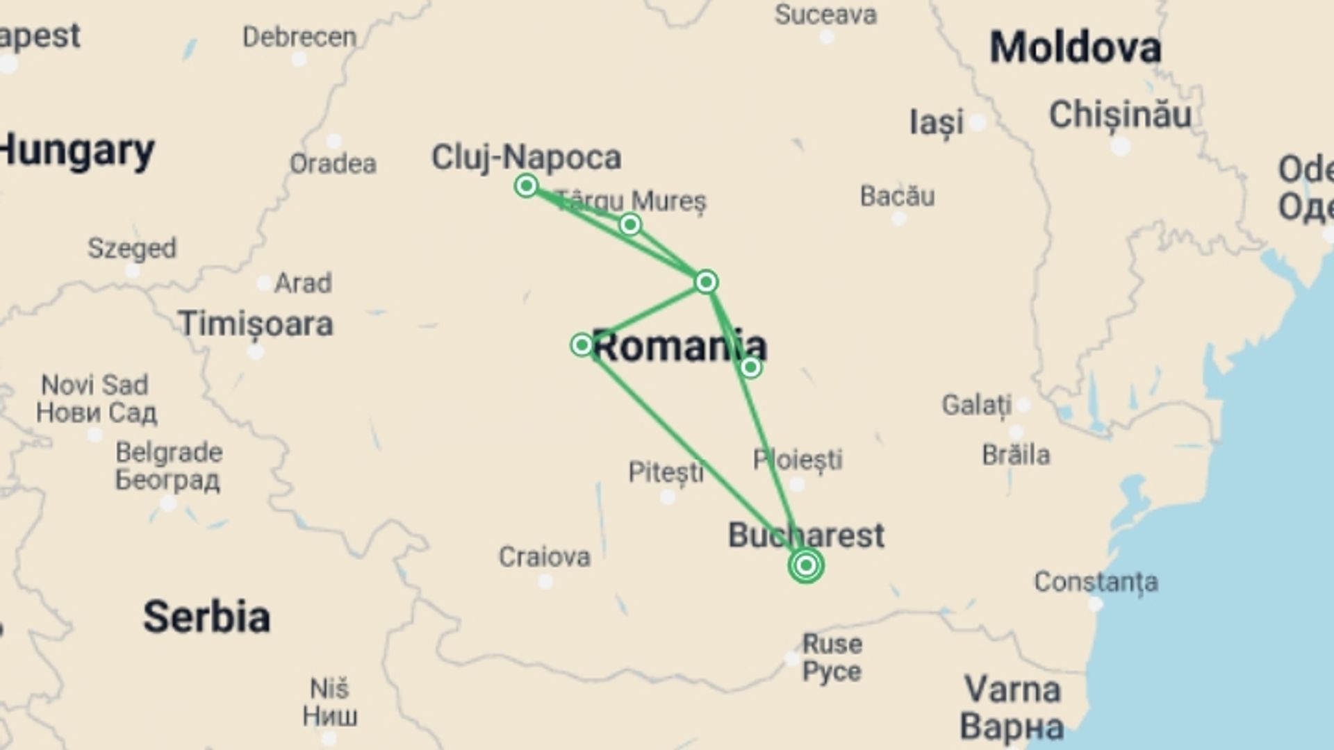 A map showing the tour itinerary for the trip: Most Beautiful Castles of Transylvania (10 Days), starting in Bucharest, Romania and ending in Bucharest, Romania going through 7 other destinations.