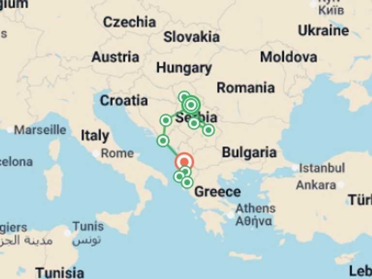 Map itinerary of Europe Tour in Spring with 10 destination visits for the trip: From Serbia to Albania