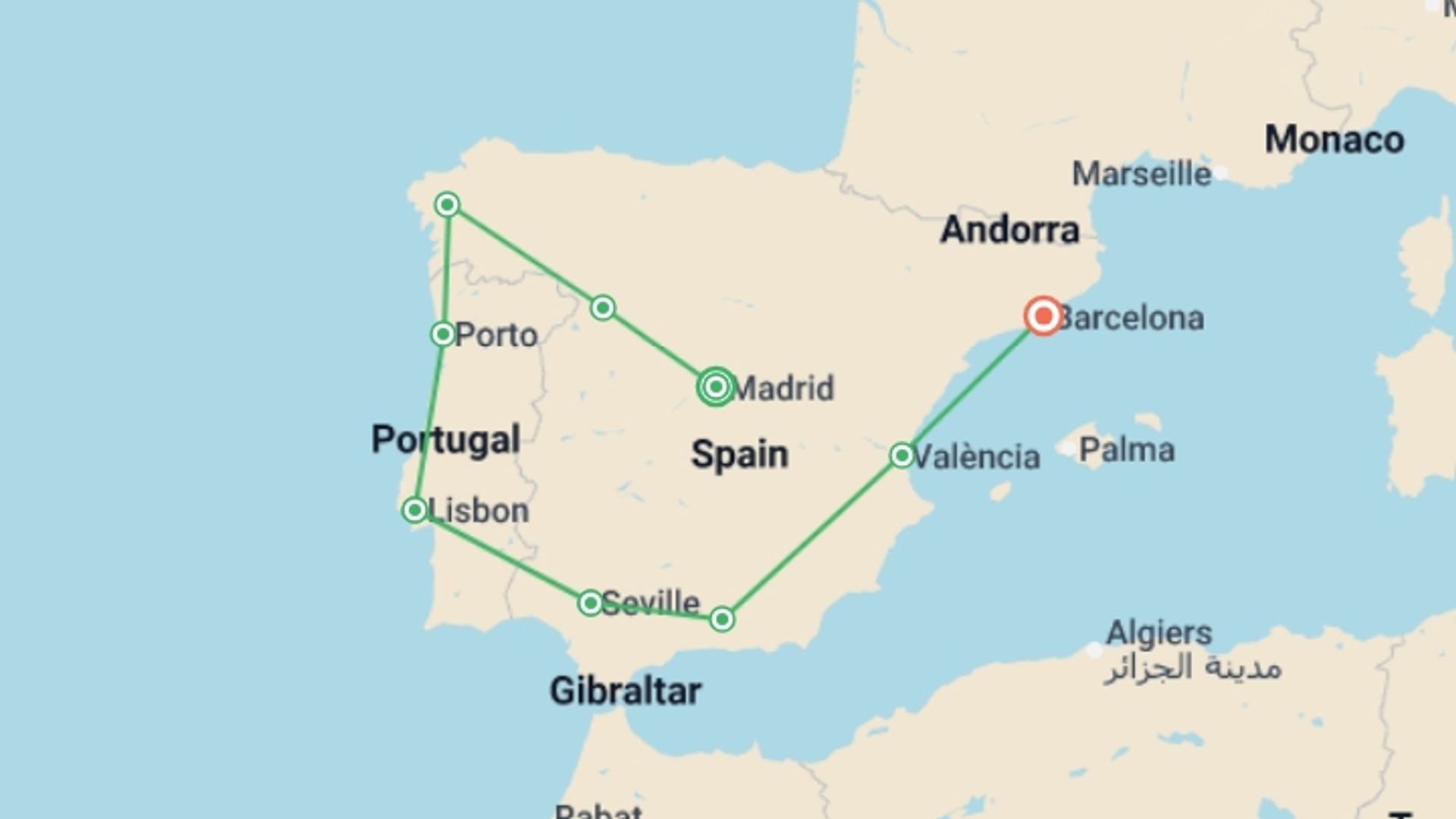 A map showing the tour itinerary for the trip: Treasures of Spain and Portugal, starting in Madrid, Spain and ending in Barcelona, Spain going through 7 other destinations.