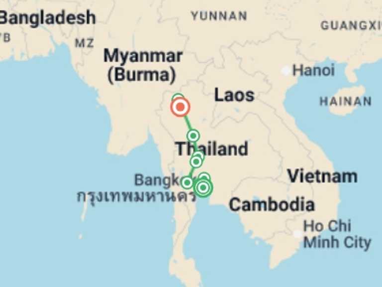 Map itinerary of Thailand Tour in March 2027 with 7 destination visits for the trip: Premium Northern Thailand