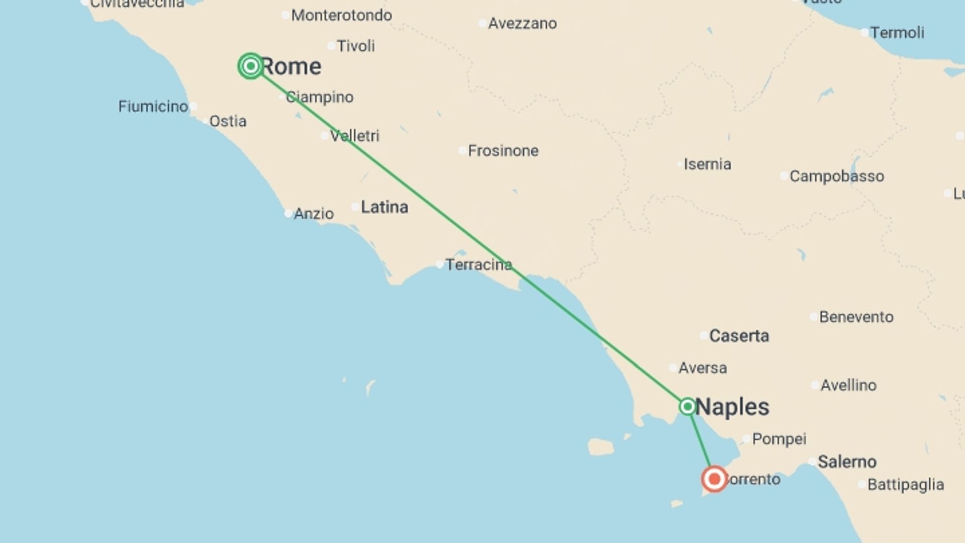 A map showing the tour itinerary for the trip: Slice of Italy - Rome to Sorrento, starting in Rome, Italy and ending in Sorrento, Italy going through 1 other destinations.