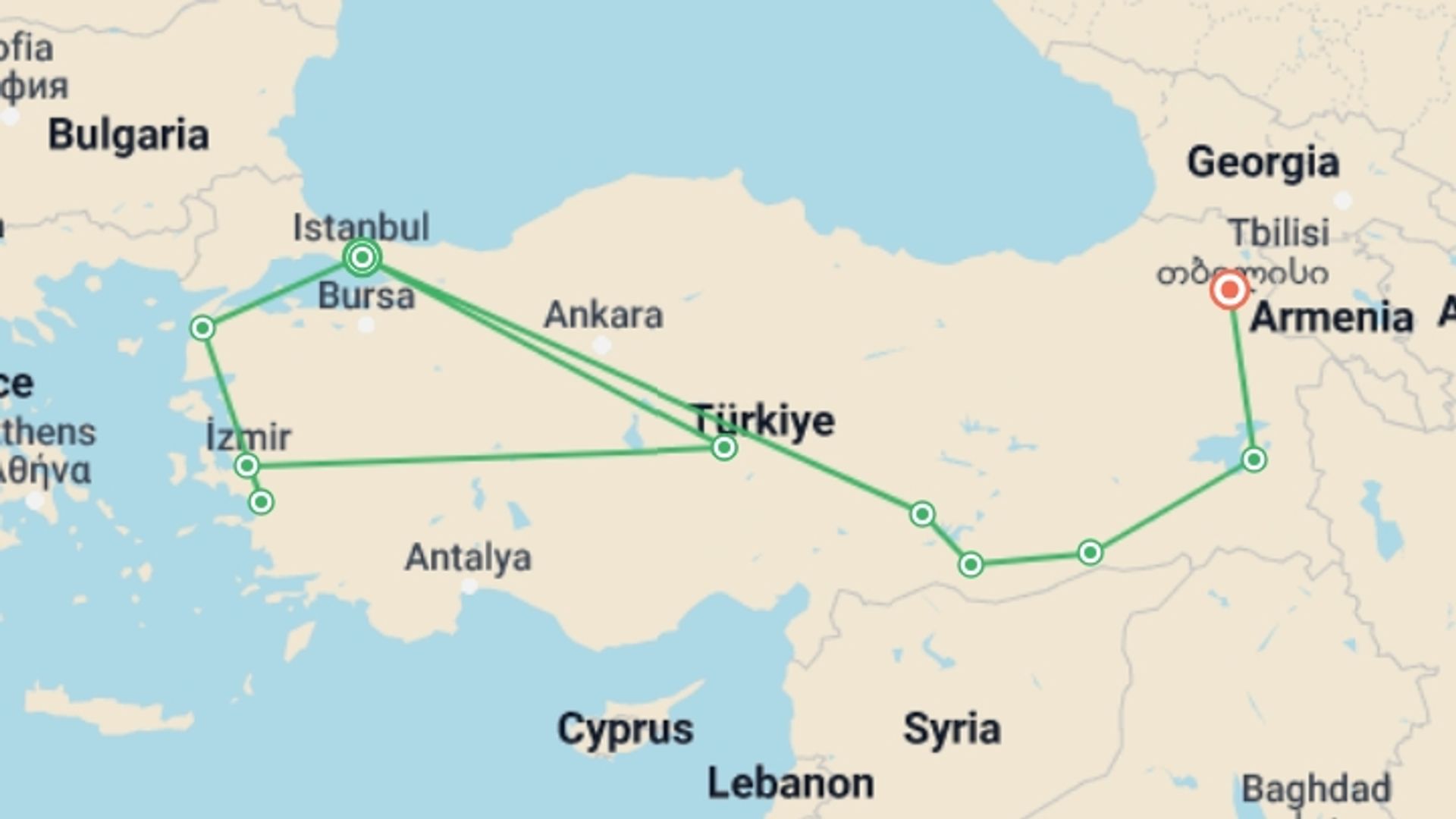 A map showing the tour itinerary for the trip: Complete Turkey, starting in Istanbul, Turkey and ending in Kars, Turkey going through 8 other destinations.
