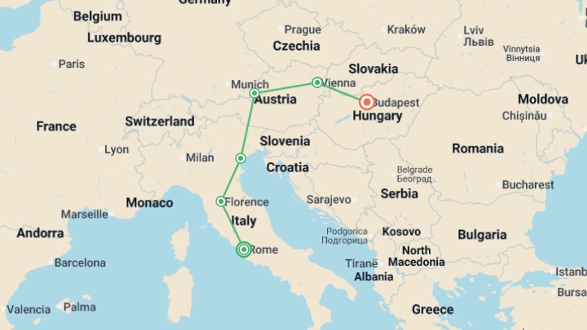 A map showing the tour itinerary for the trip: Classical Symphony with Budapest, starting in Rome, Italy and ending in Budapest, Hungary going through 4 other destinations.