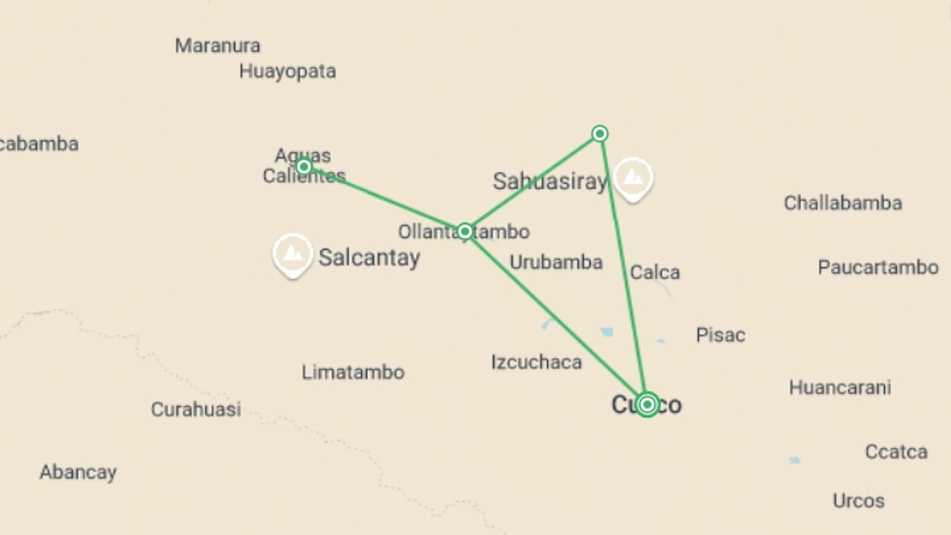 A map showing the tour itinerary for the trip: Lares Express Trek to Machu Picchu 3D/2N, starting in Cusco, Peru and ending in Cusco, Peru going through 2 other destinations.