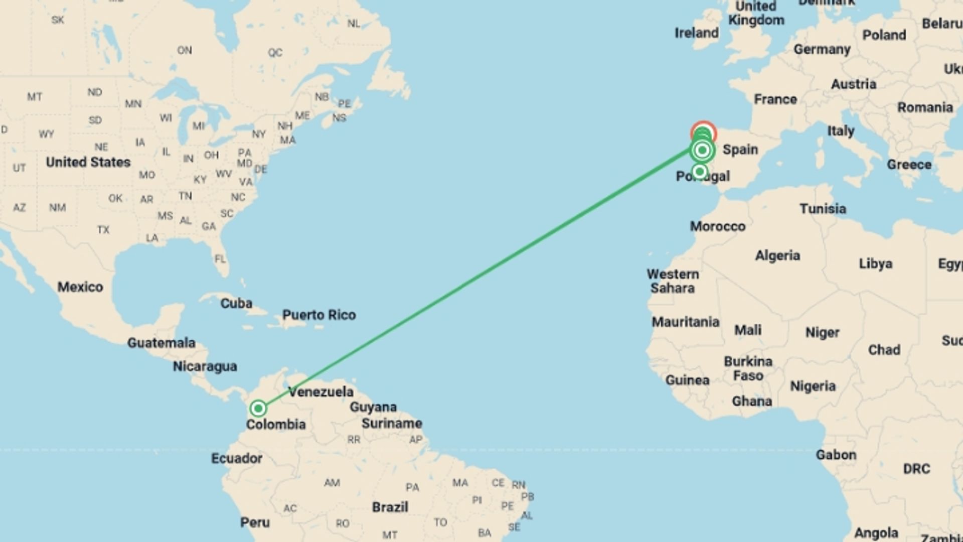 A map showing the tour itinerary for the trip: Camino de Santiago From Porto - 14 days, starting in Porto, Portugal and ending in Santiago De Compostela, Spain going through 12 other destinations.
