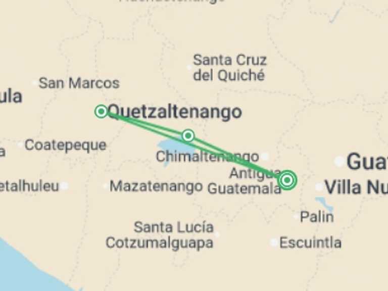 Map itinerary of North America Tour in October 2026 with 3 destination visits for the trip: Heart of Guatemala