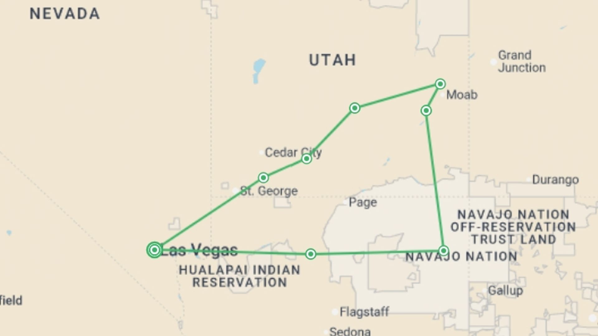 A map showing the tour itinerary for the trip: Deserts and Canyons of the Southwest, starting in Las Vegas, USA and ending in Las Vegas, USA going through 7 other destinations.