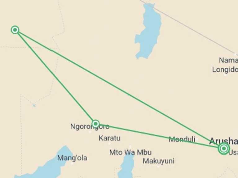 Map of 4-Day Ngorongoro Crater Tour with 4 destination visits for the trip: 4 Days Safari Ngorongoro and Serengeti National Parks