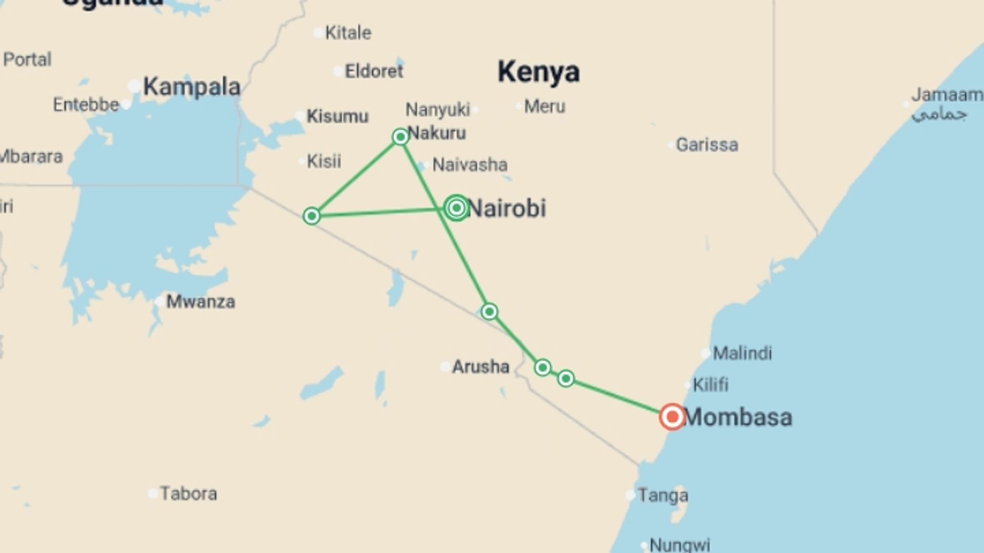 A map showing the tour itinerary for the trip: Kenya Odyssey, Private Tour, starting in Nairobi, Kenya and ending in Mombasa, Kenya going through 5 other destinations.