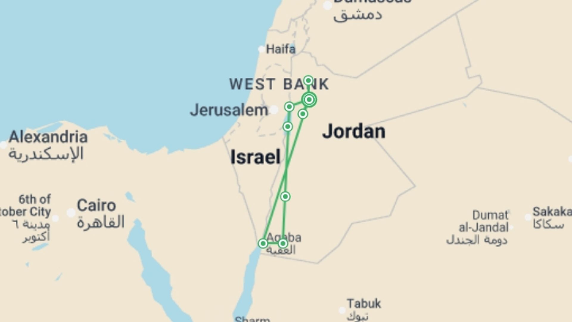 A map showing the tour itinerary for the trip: Unforgettable Jordan, starting in Amman, Jordan and ending in Amman, Jordan going through 4 other destinations.
