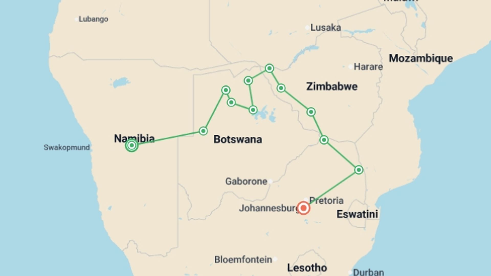 A map showing the tour itinerary for the trip: Southern Africa Highlights, starting in Windhoek, Namibia and ending in Johannesburg, South Africa going through 10 other destinations.
