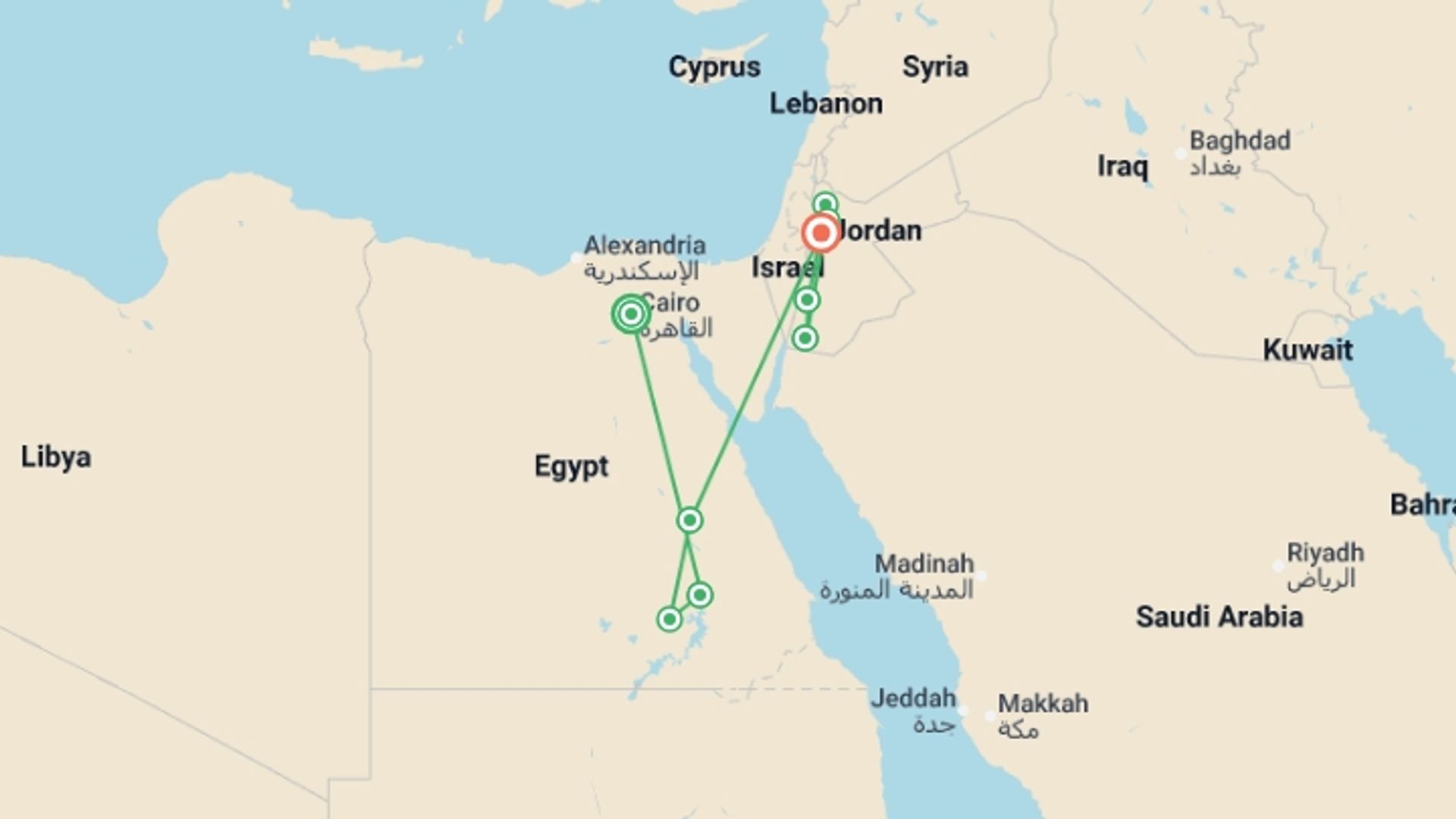 A map showing the tour itinerary for the trip: Discover Egypt & Jordan, starting in Cairo, Egypt and ending in Madaba, Jordan going through 8 other destinations.
