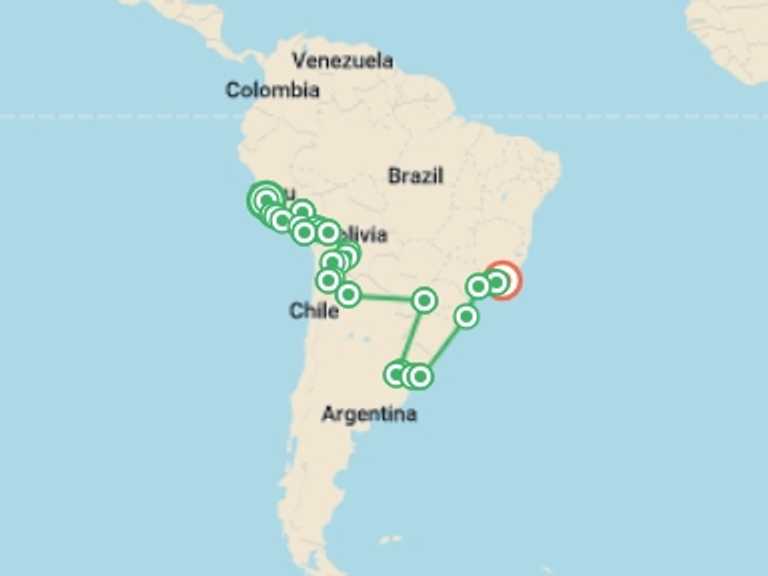 Map of South America Tour with 29 destination visits for the trip: Lima to Rio de Janeiro (via Uruguay) Travel Pass