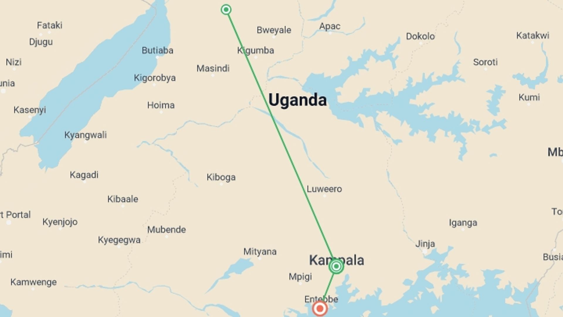 A map showing the tour itinerary for the trip: 3 Days Trip to Murchison Falls, starting in Kampala, Uganda and ending in Entebbe, Uganda going through 1 other destinations.