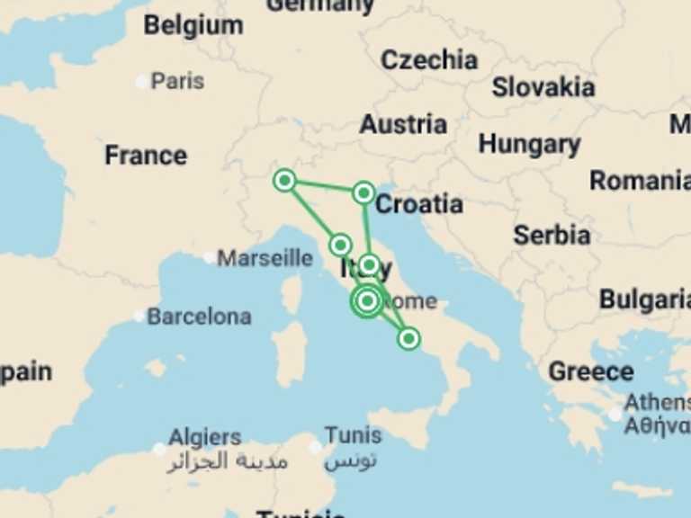 Map itinerary of Mediterranean Tour in October 2026 with 6 destination visits for the trip: Best of Italy