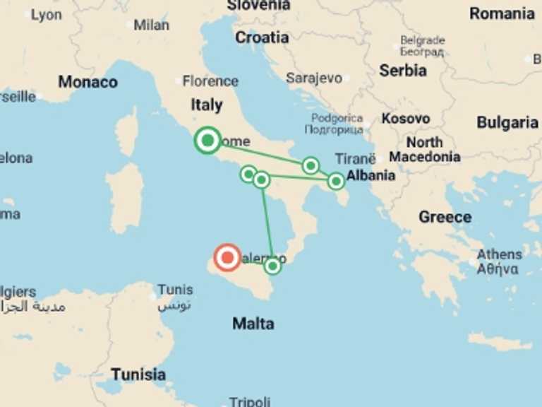 Map of 8-Day Rome Tour with 7 destination visits for the trip: Beautiful of Puglia, Campania and Sicily