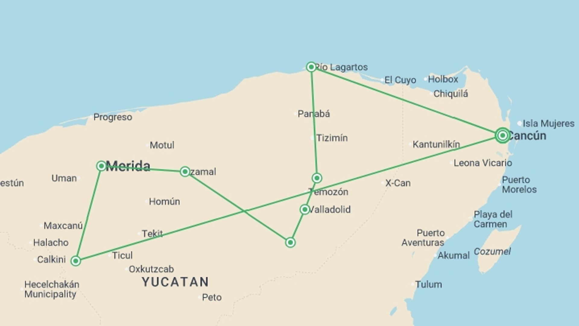 A map showing the tour itinerary for the trip: Mini Wonders Of The Maya With The Maya Train, starting in Cancún, Mexico and ending in Cancún, Mexico going through 2 other destinations.