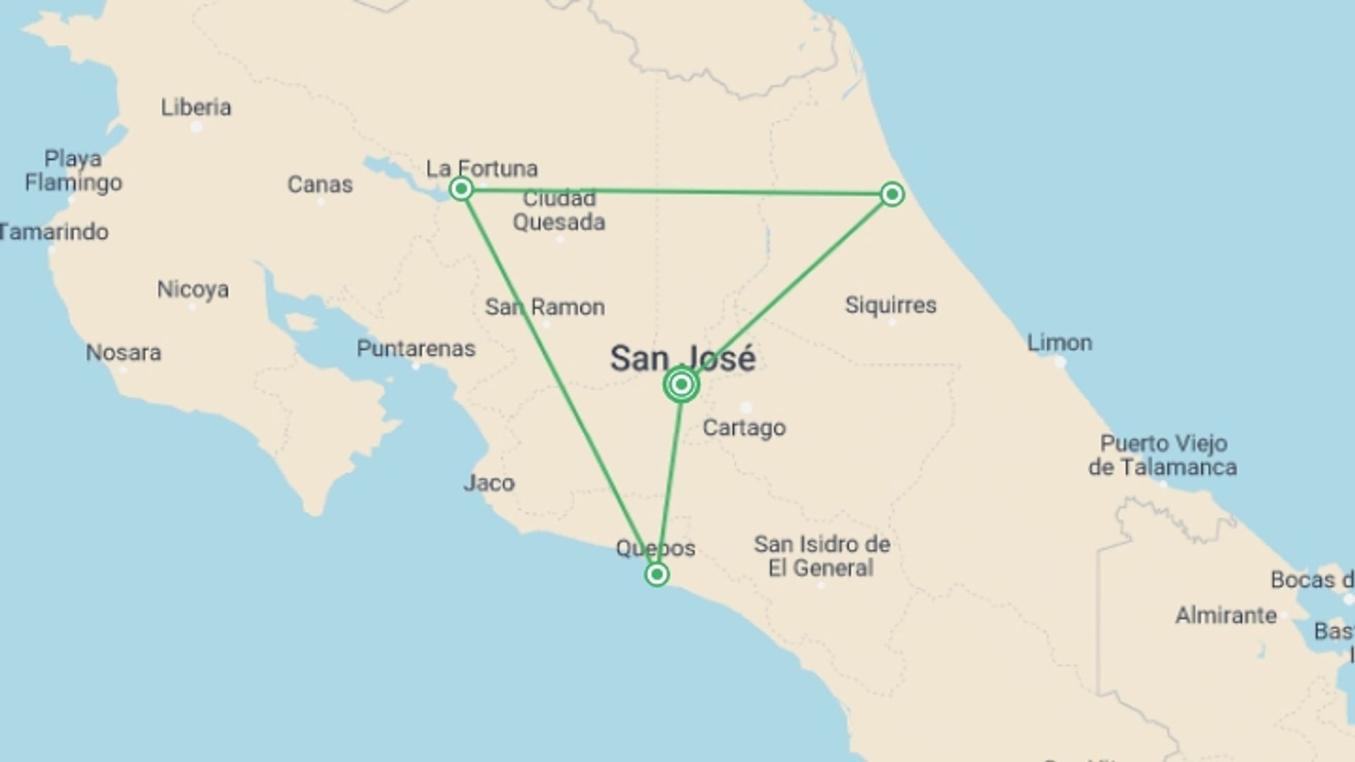 A map showing the tour itinerary for the trip: Monkeys, Jungles and Volcanoes, starting in San Jose, Costa Rica and ending in San Jose, Costa Rica going through 3 other destinations.
