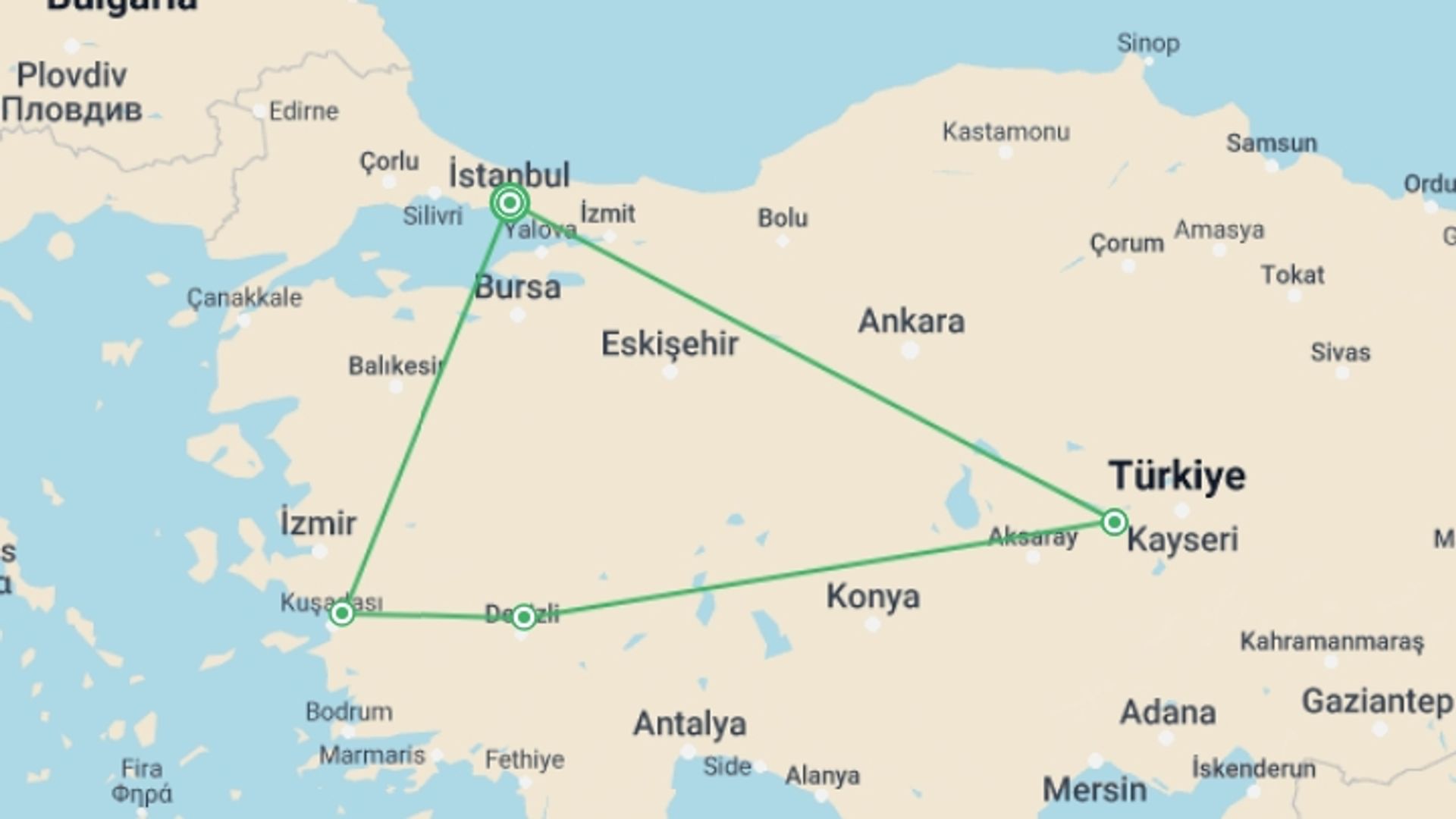 A map showing the tour itinerary for the trip: Turkey Flyer Tour, starting in Istanbul, Turkey and ending in Istanbul, Turkey going through 3 other destinations.
