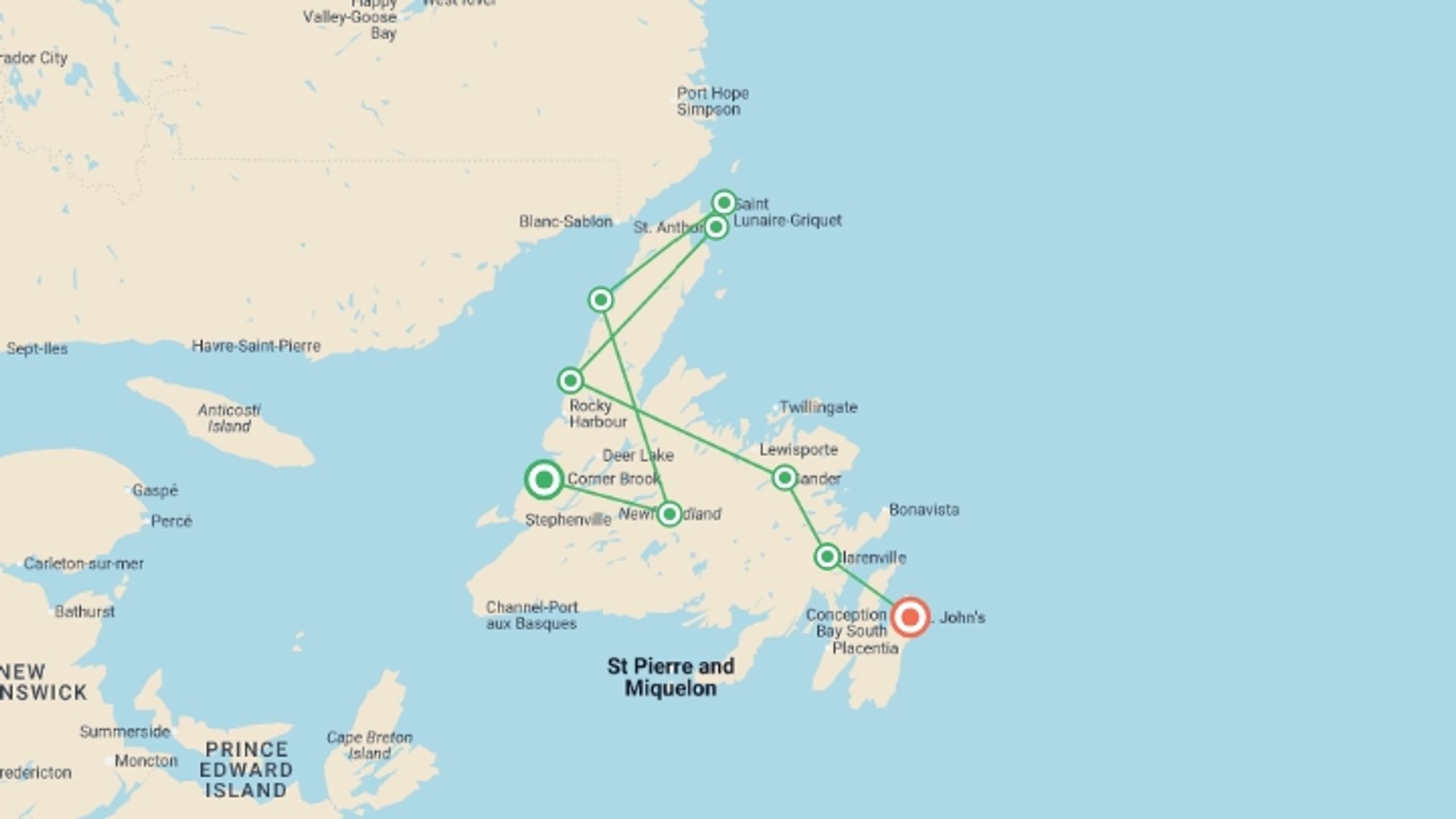 A map showing the tour itinerary for the trip: Newfoundland Explorer - 12 days, starting in Corner Brook, Canada and ending in St. John's, Canada going through 8 other destinations.
