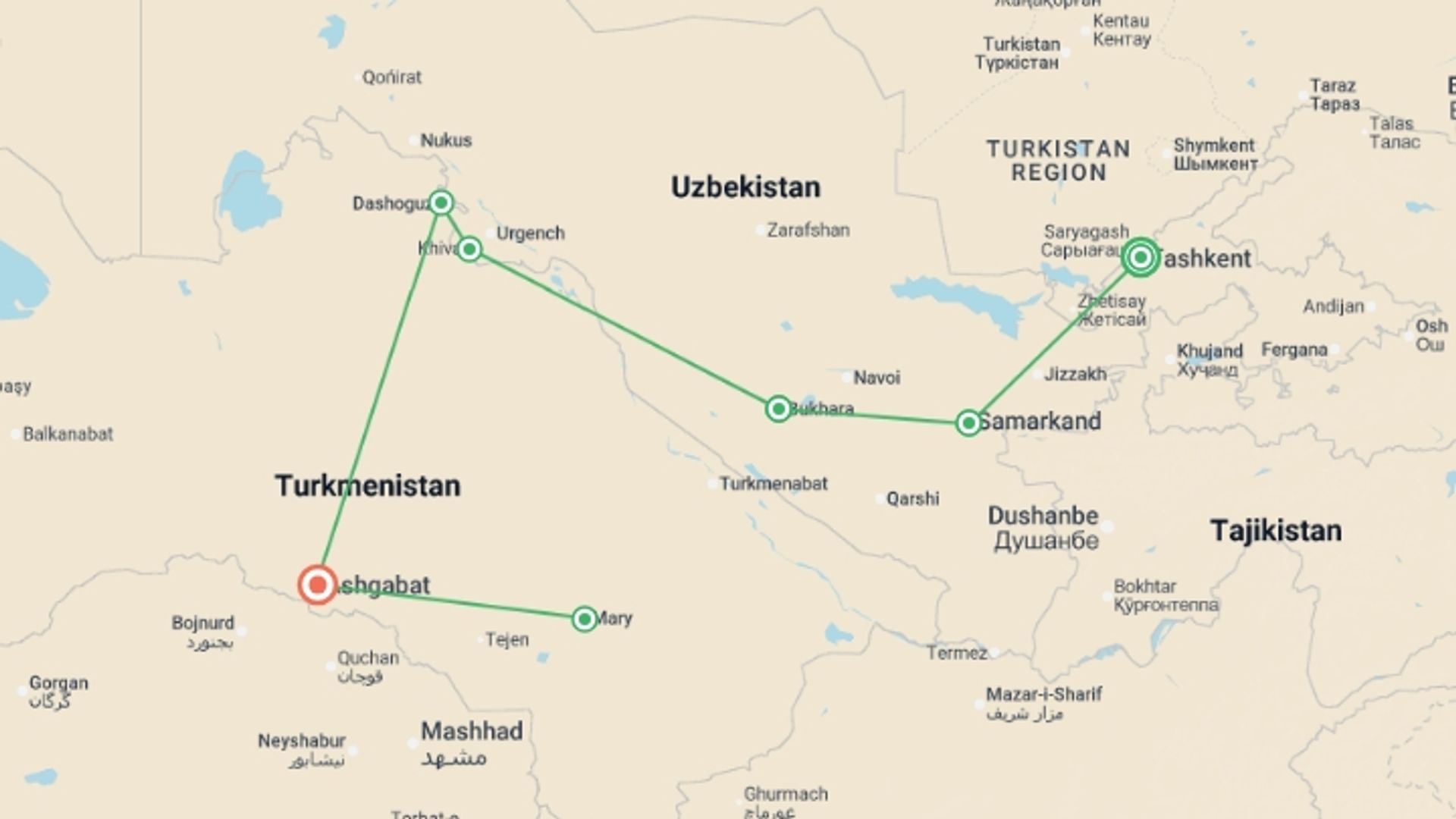 A map showing the tour itinerary for the trip: Uzbekistan & Turkmenistan Explorer - 15 days, starting in Tashkent, Uzbekistan and ending in Ashgabat, Turkmenistan going through 5 other destinations.