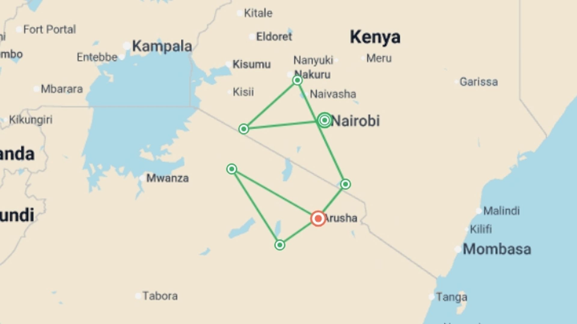 A map showing the tour itinerary for the trip: Kenya and Tanzania Safari, starting in Nairobi, Kenya and ending in Arusha, Tanzania going through 6 other destinations.