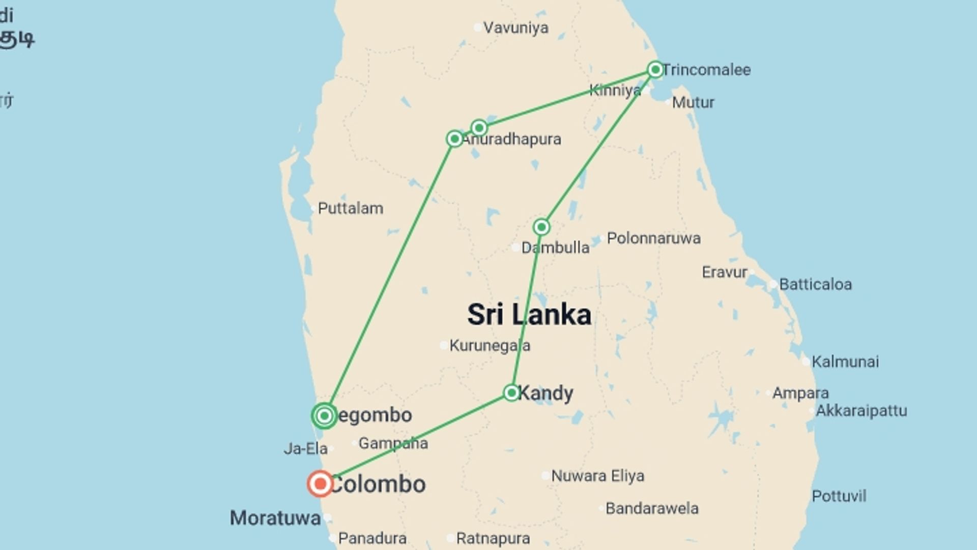 A map showing the tour itinerary for the trip: Highlights of Sri Lanka, starting in Negombo, Sri Lanka and ending in Colombo, Sri Lanka going through 5 other destinations.
