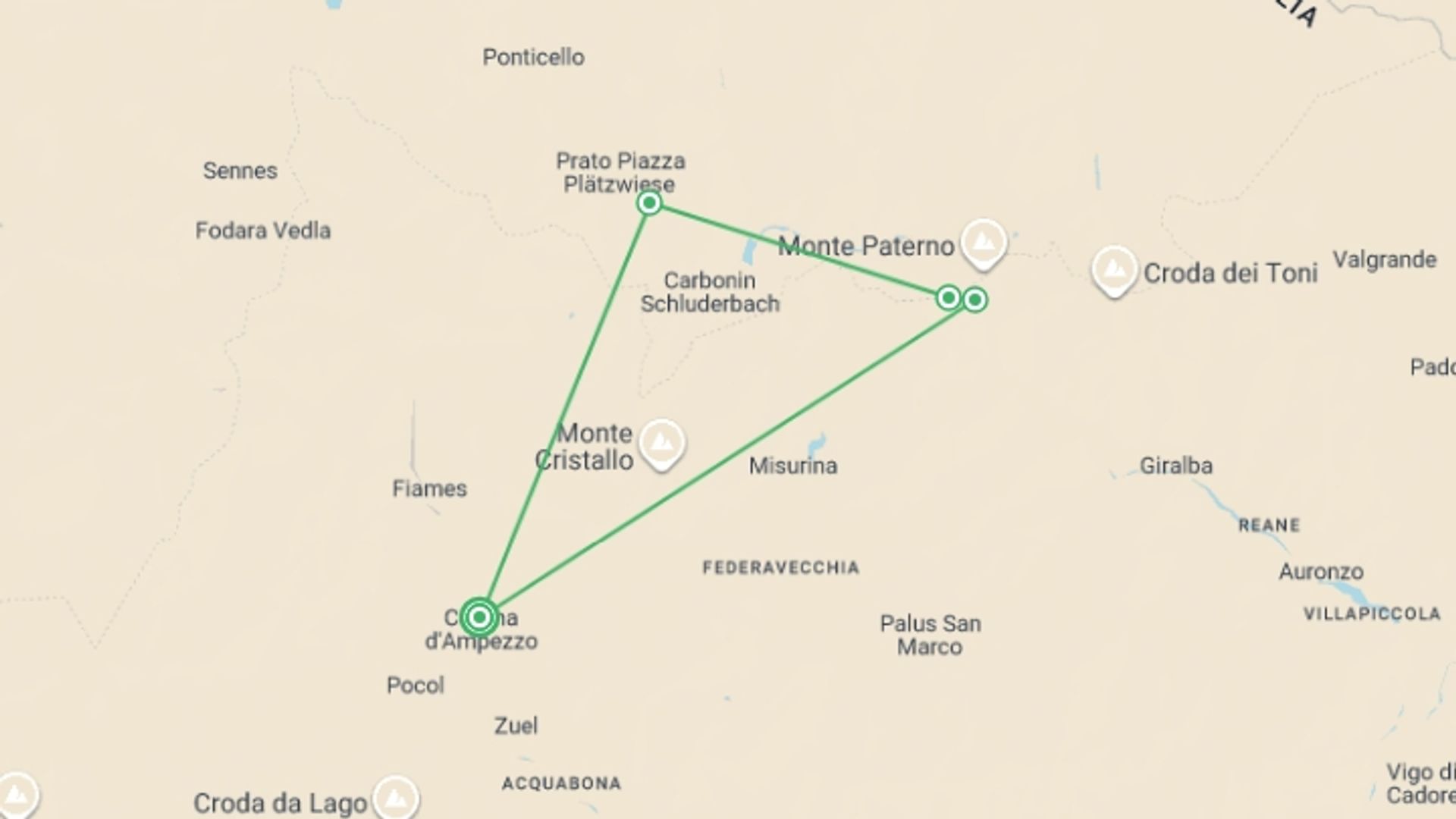 A map showing the tour itinerary for the trip: Dolomites Guided Hike, starting in Cortina d'Ampezzo, Italy and ending in Cortina d'Ampezzo, Italy going through 4 other destinations.