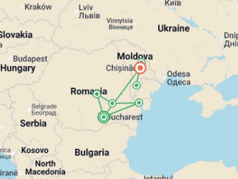 Map itinerary of Eastern Europe Tour in July 2027 with 7 destination visits for the trip: Heart of the East: Romania & Moldova Adventure